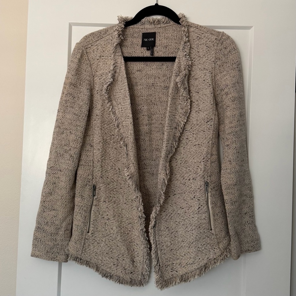 NIC+ZOE Fringe Trim Lapel Long Sleeve Snap Cuff Open Front Jacket